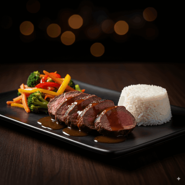 Coxão Duro ao Forno com Molho Oriental e Legumes Salteados