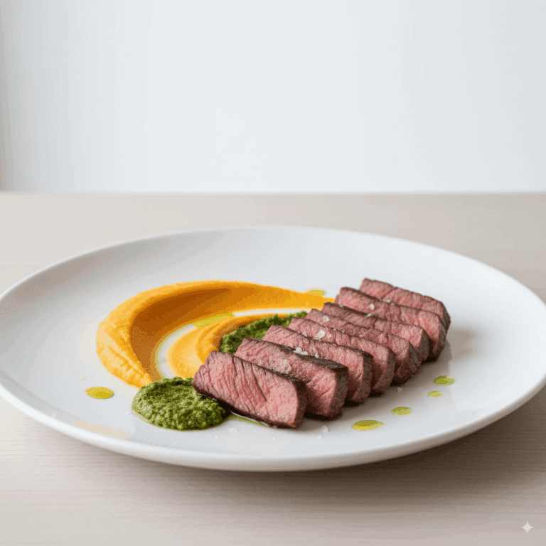 Vazio Assado com Purê de Batata-Doce e Molho Pesto