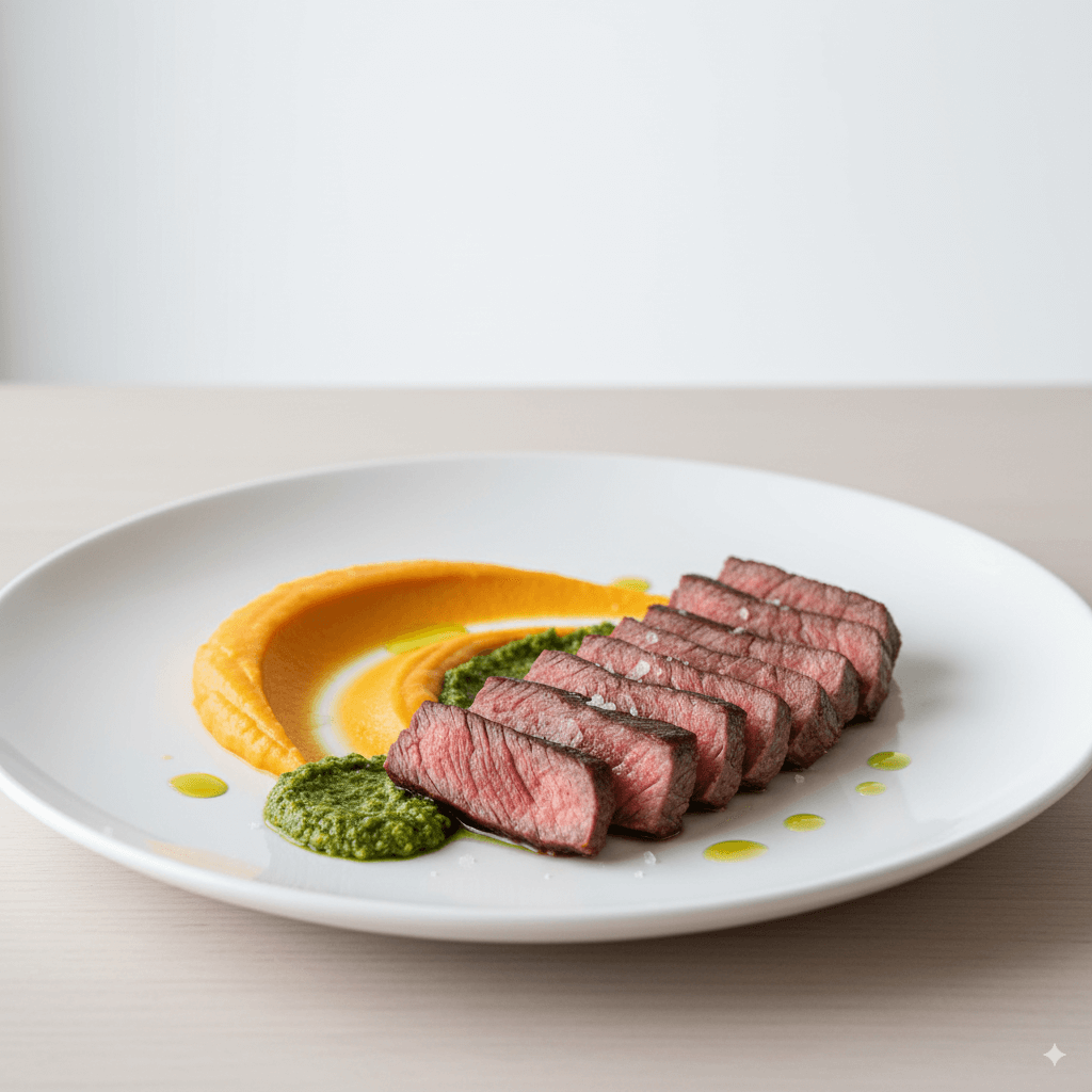 Vazio Assado com Purê de Batata-Doce e Molho Pesto