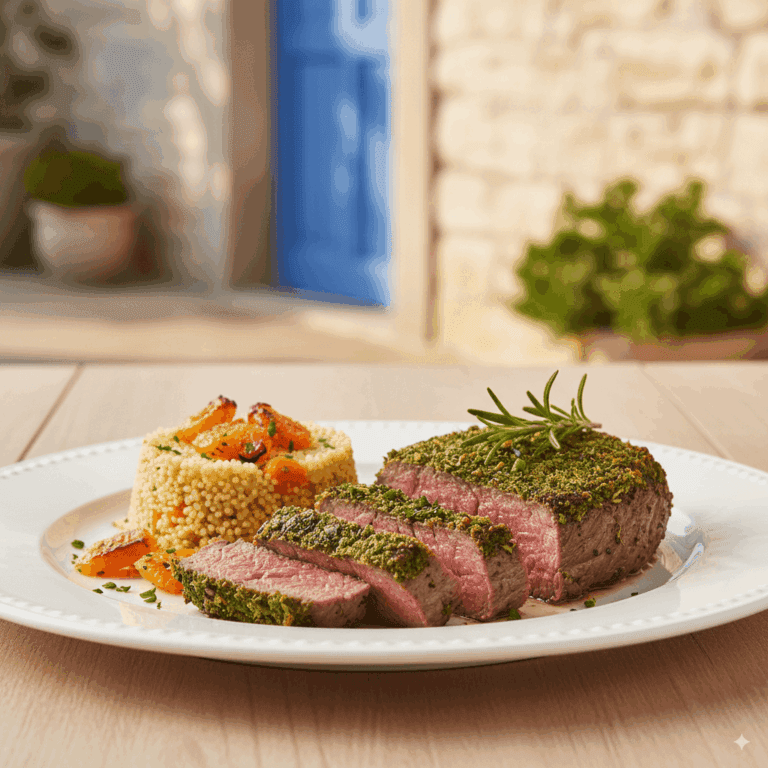 Filé Mignon ao Forno com Crosta de Ervas e Couscous de Damasco