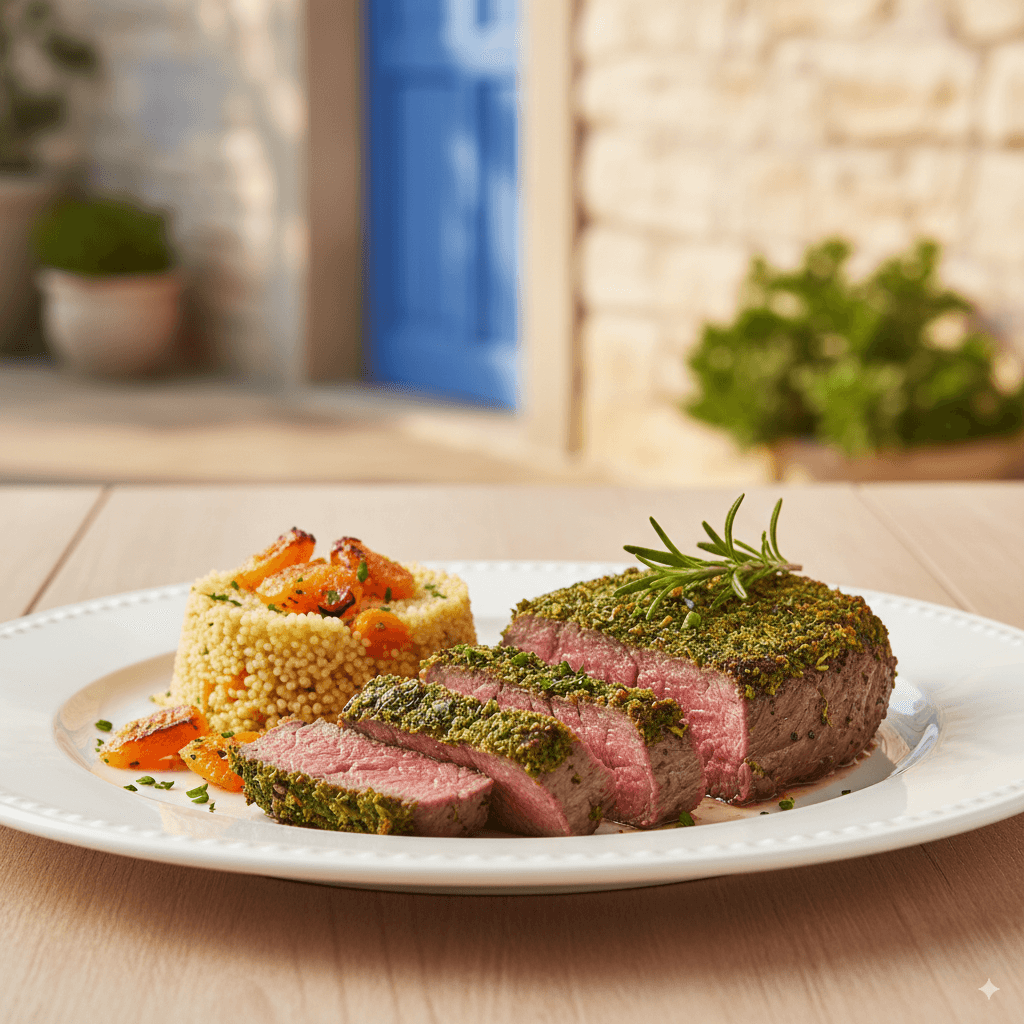 Filé Mignon ao Forno com Crosta de Ervas e Couscous de Damasco