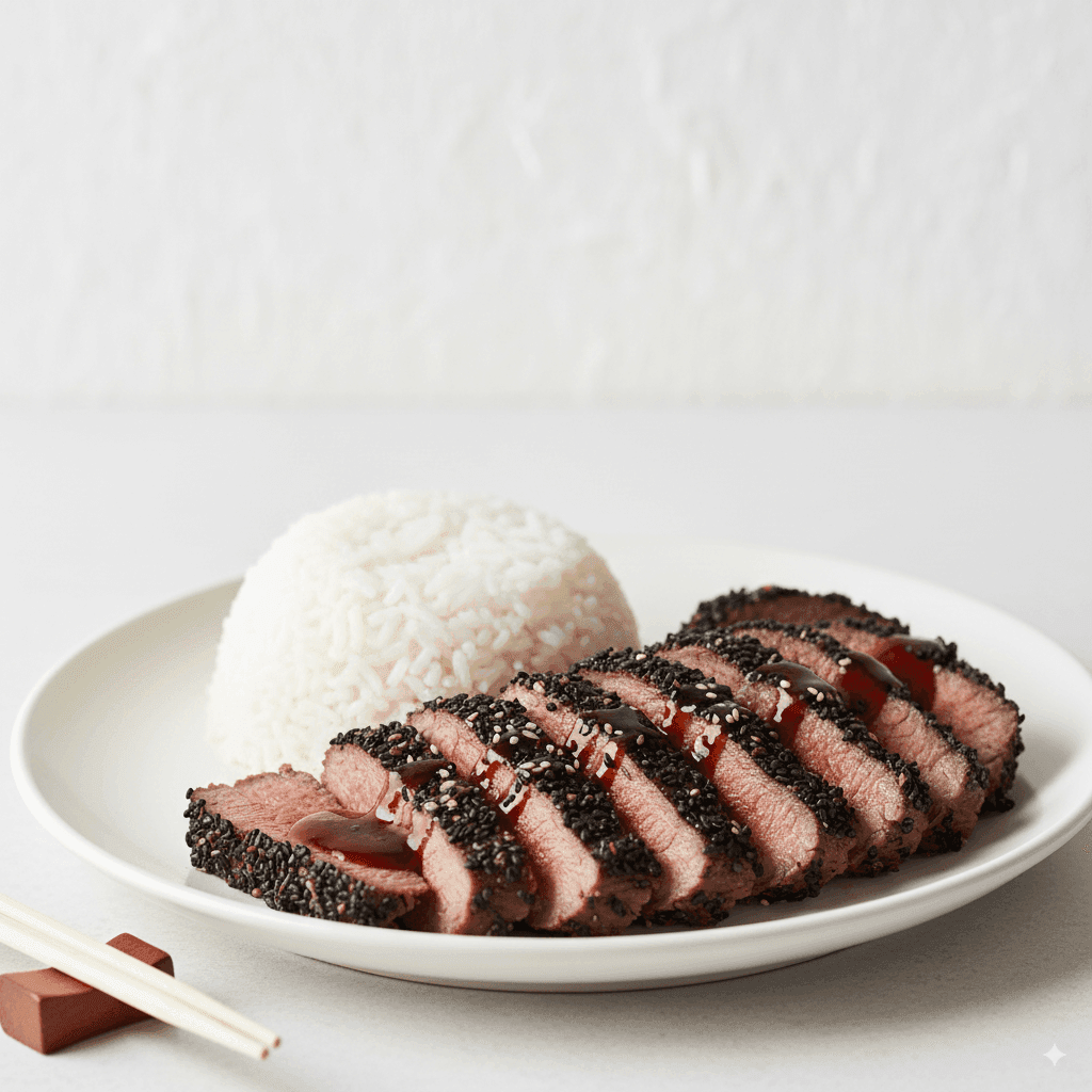 Coxão Mole Assado com Crosta de Gergelim Preto e Molho Teriyaki
