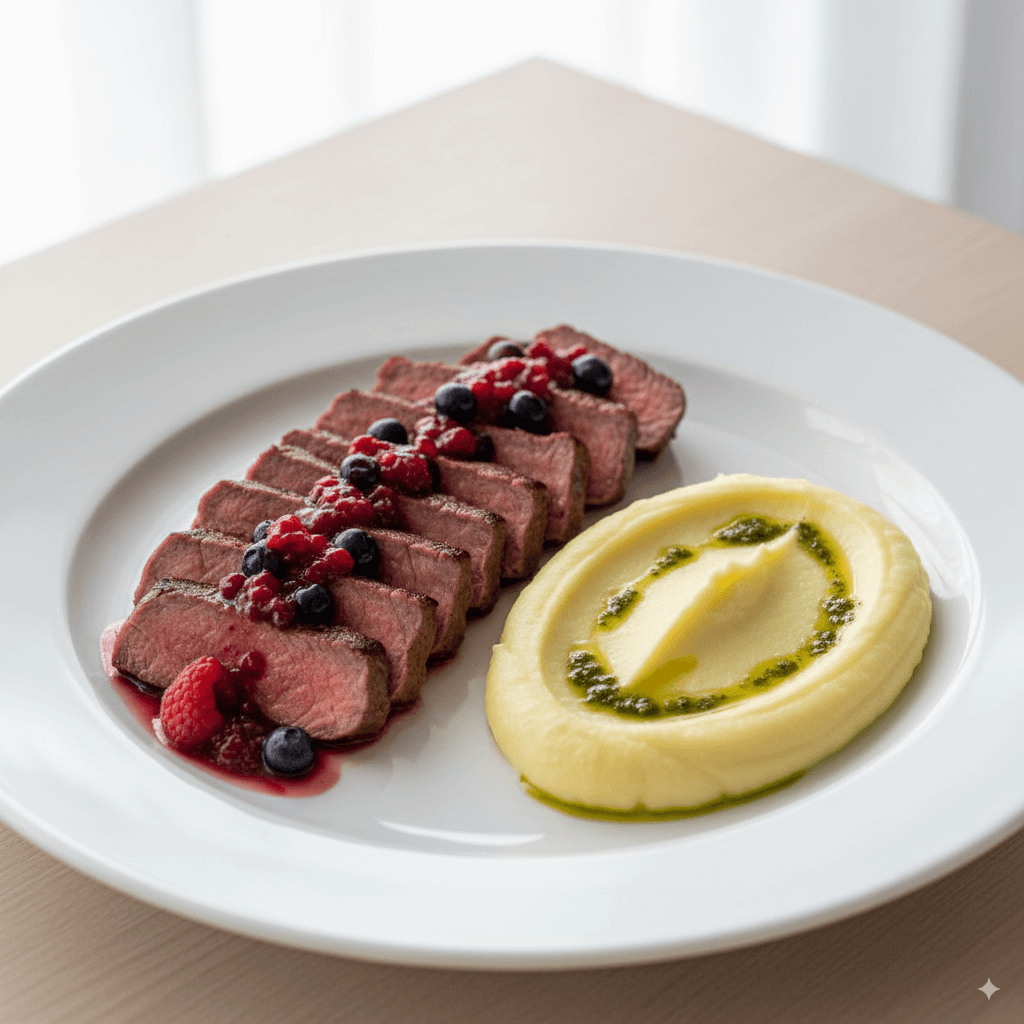 Fraldinha ao Forno com Molho de Vinho Rosé e Frutas Vermelhas