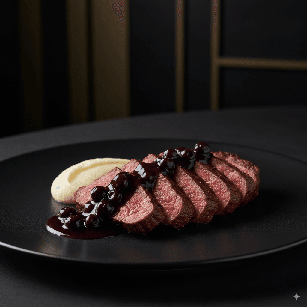 Filé de Costela (Ribeye) ao Forno com Molho de Blueberry e Vinho Tinto
