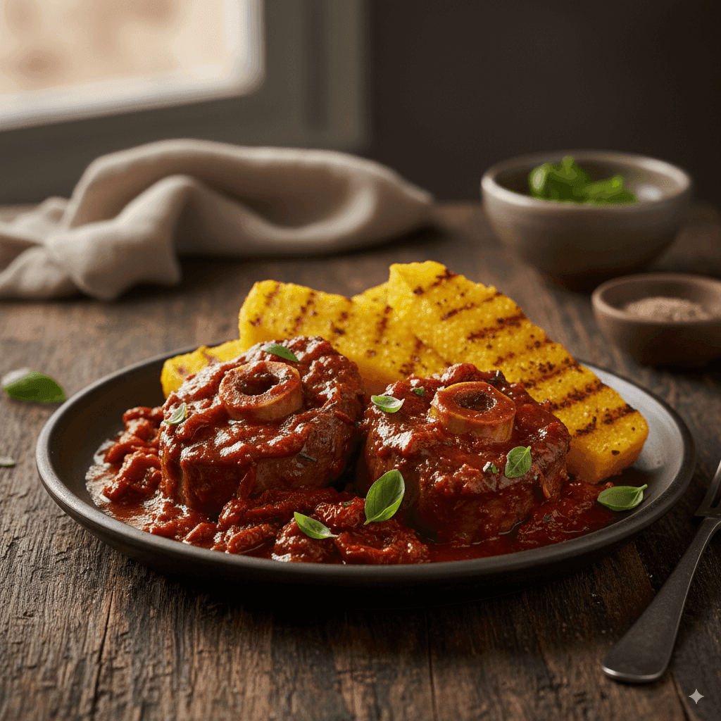 Rabada ao Forno com Molho de Tomate Seco e Polenta Grelhada