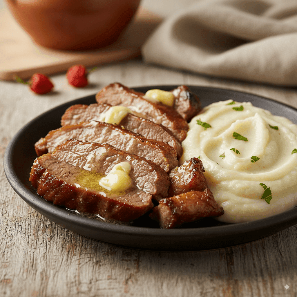 Carne de Sol Assada com Manteiga de Garrafa e Purê de Macaxeira
