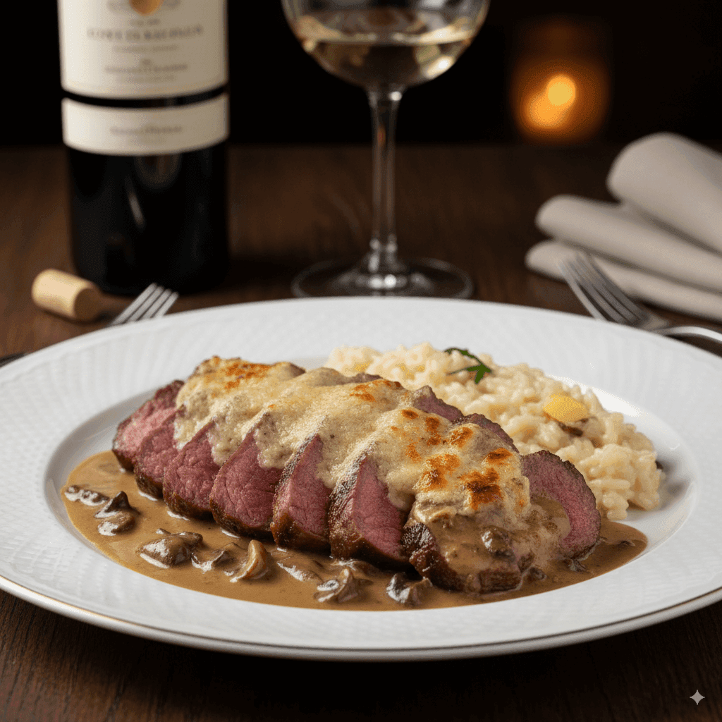 Picanha Assada com Crosta de Parmesão e Molho de Cogumelos Porcini